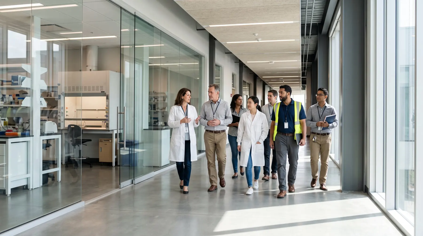 A team of scientists and operations staff walking through a laboratory corridor
