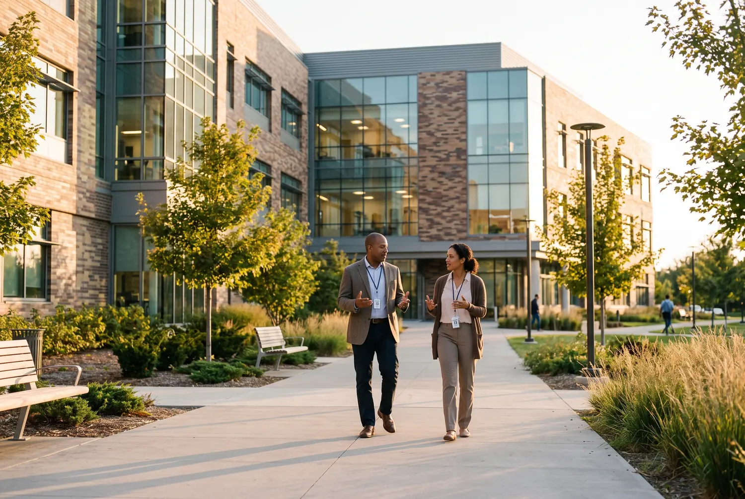 Two colleagues walking and talking outside a modern public health laboratory building