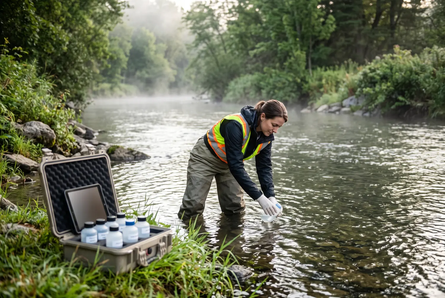 Environmental health technician collecting a water sample from a river