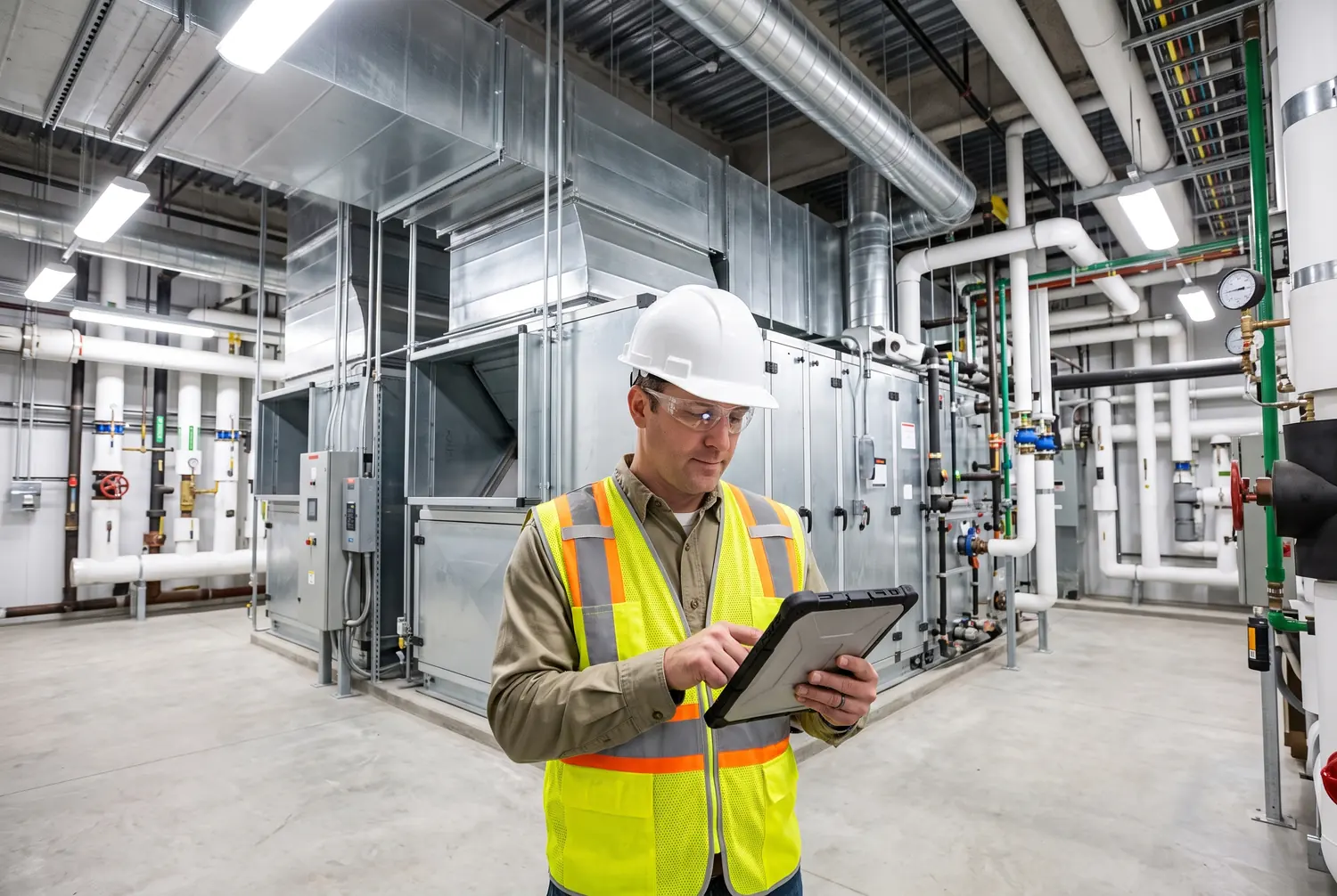 Facilities engineer with a tablet inspecting an air handling unit in a hospital mechanical room