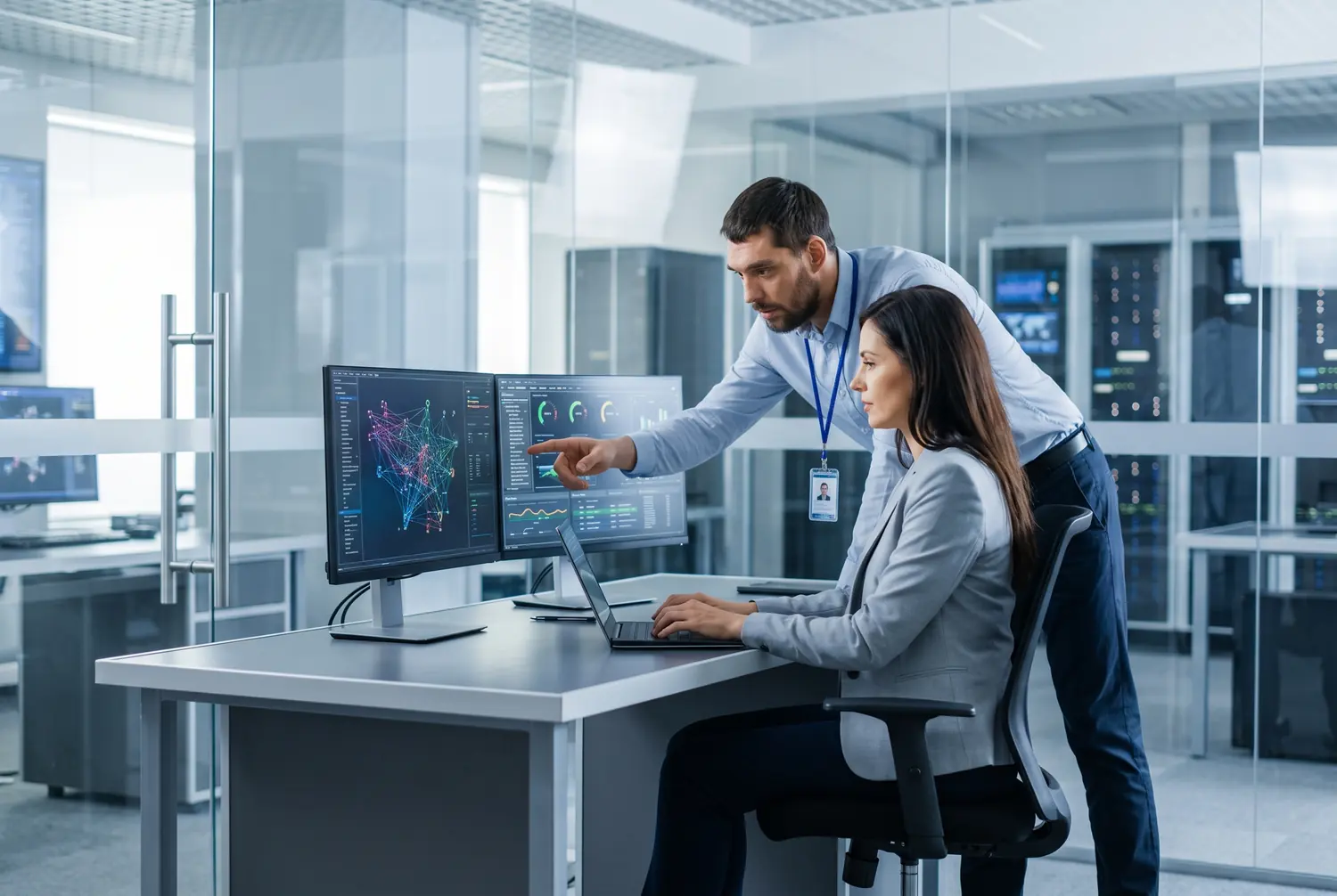 Two IT professionals reviewing network dashboards on dual monitors