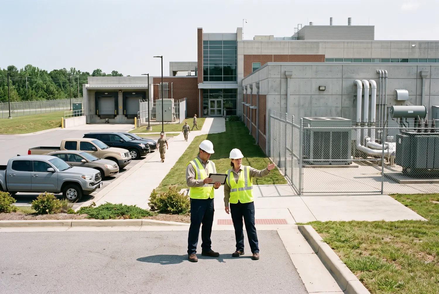 Two facilities staff in hard hats and safety vests reviewing a tablet outside a secure laboratory facility with loading docks and utility equipment
