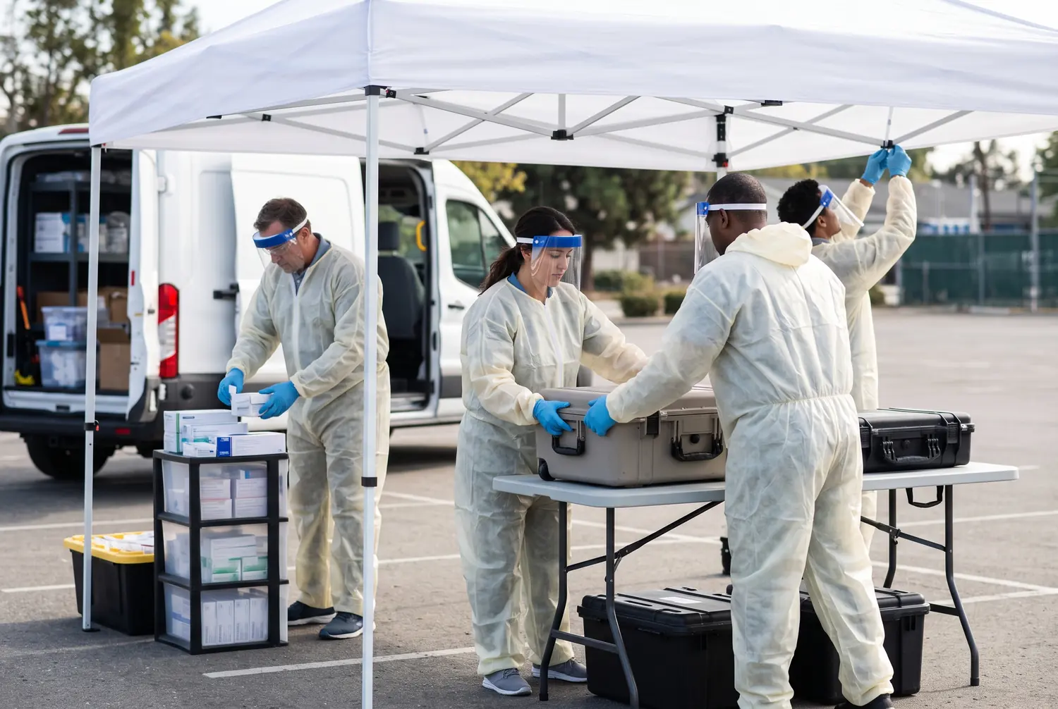 Public health response team in protective gear setting up a mobile station beside a van